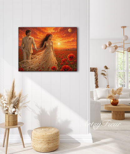 Framed canvas- whimsical full moon sunset -bride and groom, wedding gift, fantasy oil painting bedroom wall art print floral poppies field colourful vibrant colours