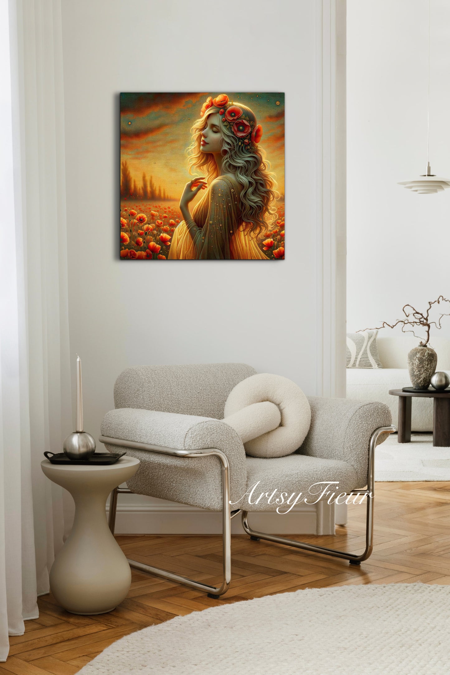 Framed canvas- Original Artwork Vibrant Poppies watercolour floral painting beautiful blondewoman ready to hang wall art print, abstract portrait colourful painting for living room