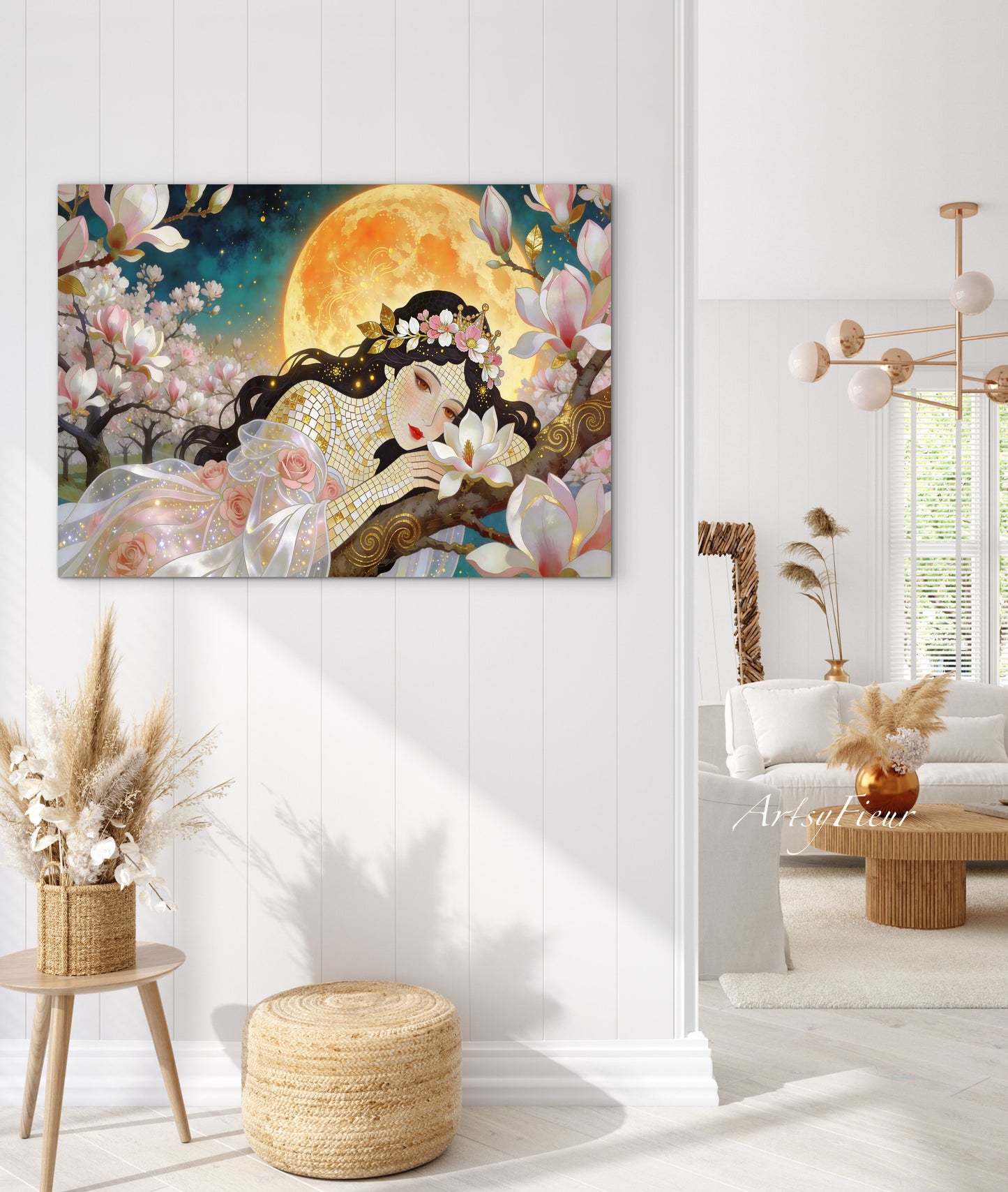 Framed Canvas- Vibrant Magnolia Flowers Beautiful Brunette Woman’s Abstract Portrait Mosaic Original Artwork Fantasy Wall Art Print