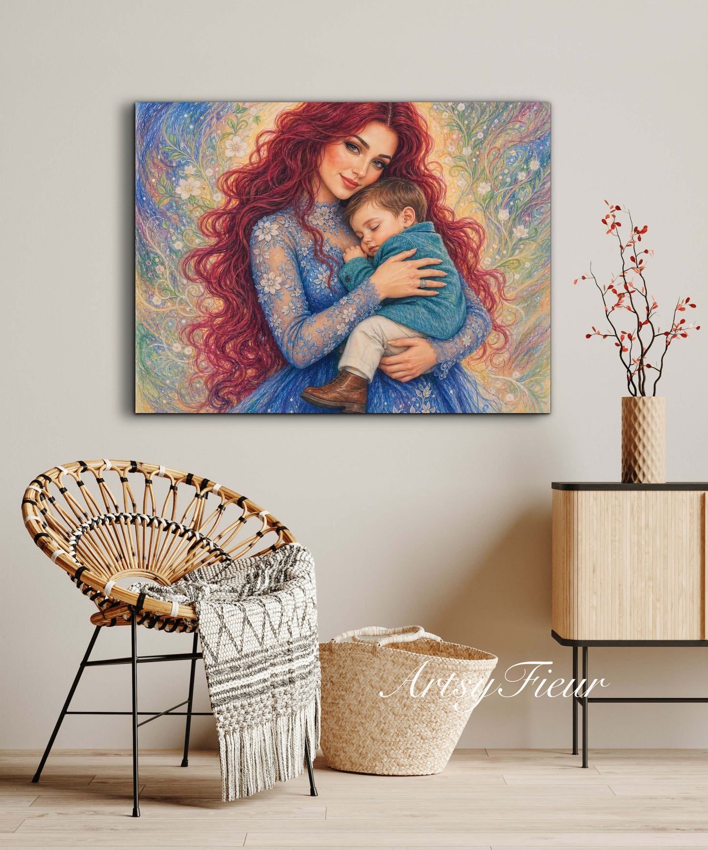 Framed canvas- ready to hang wall art print, vibrant colours crayon drawing abstract portrait mother and son, mother and baby boy, dark hair beautiful red hair woman , mothers day gilt, unique original artwork