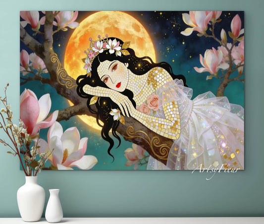 Framed Canvas- Vibrant Magnolia Flowers Beautiful Brunette Woman’s Abstract Portrait Mosaic Original Artwork Fantasy Wall Art Print Mother Nature