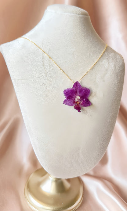 *REAL FLOWER Orchid Necklace Preserved Mini Purple Orchid in Resin 3D Flower Pendant Solid Sterling Silver Chain S925 Hypoallergenic