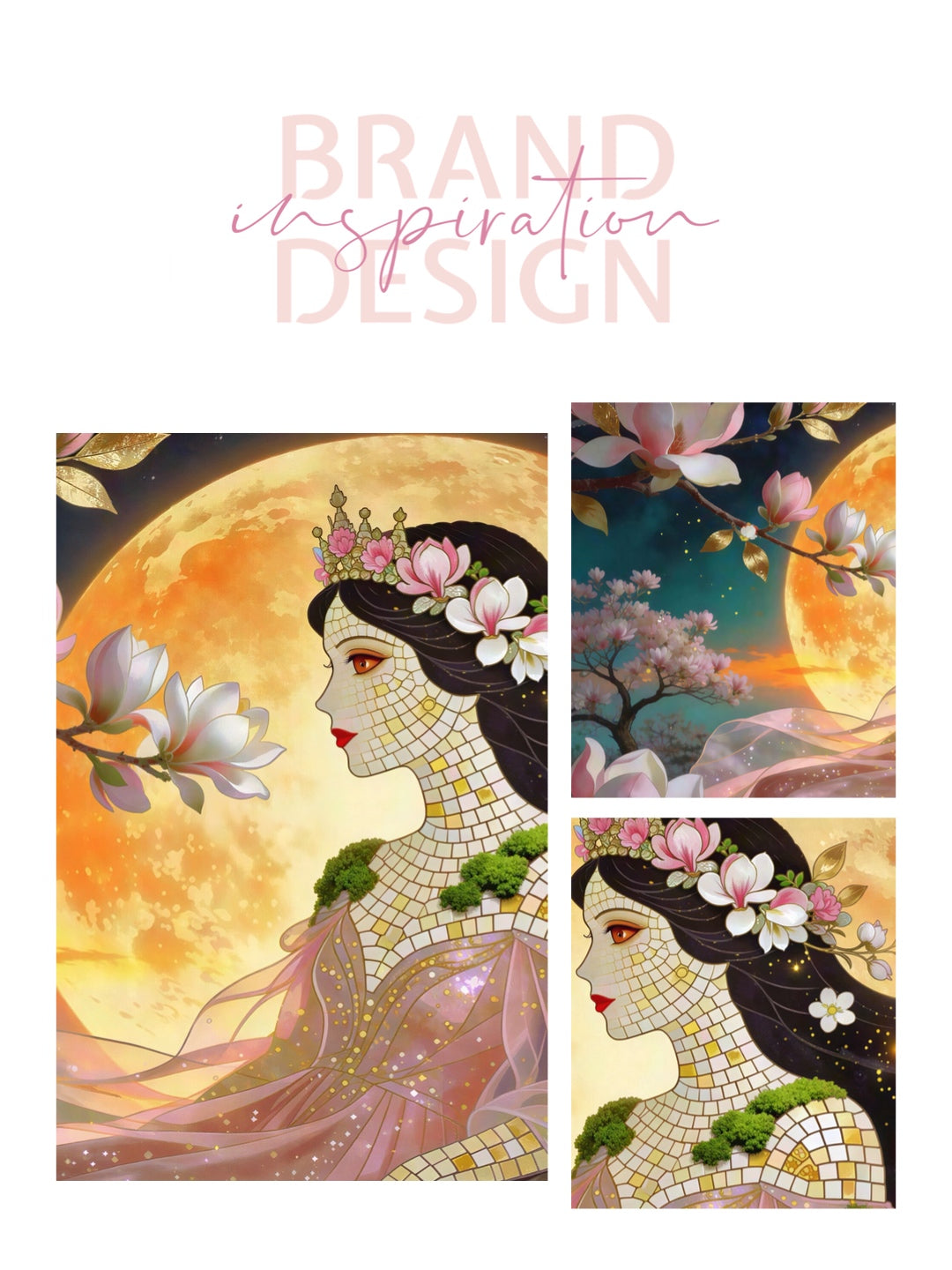 Framed Canvas- Vibrant Magnolia Flowers Beautiful Brunette Woman’s Abstract Portrait Mosaic Original Artwork Fantasy Wall Art Print Mother Nature