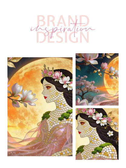 Framed Canvas- Vibrant Magnolia Flowers Beautiful Brunette Woman’s Abstract Portrait Mosaic Original Artwork Fantasy Wall Art Print Mother Nature