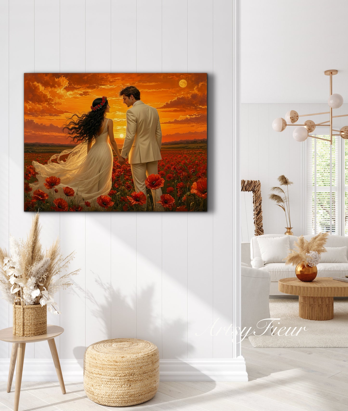 Framed canvas- whimsical full moon sunset bride and groom, wedding, poppy field, vibrant colours living room original artwork, fantasy oil painting wall art print