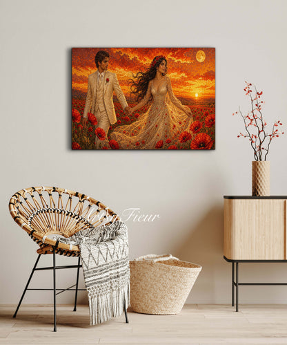 Framed canvas- whimsical full moon sunset -bride and groom, wedding, fantasy oil painting wall art print