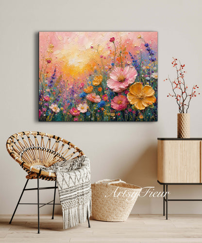 Framed Canvas Print- Vibrant Wildflowers Oil Painting Textured Wall Art , Beautiful Original Artwork Ready to Hang Living Room, Floral