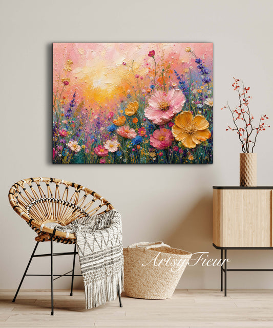 Framed Canvas Print- Vibrant Wildflowers Oil Painting Textured Wall Art , Beautiful Original Artwork Ready to Hang Living Room, Floral