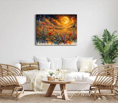 Framed Canvas Print- Vibrant Wildflowers and Poppies Oil Painting Textured Wall Art , Beautiful Original Artwork Ready to Hang Living Room, Floral