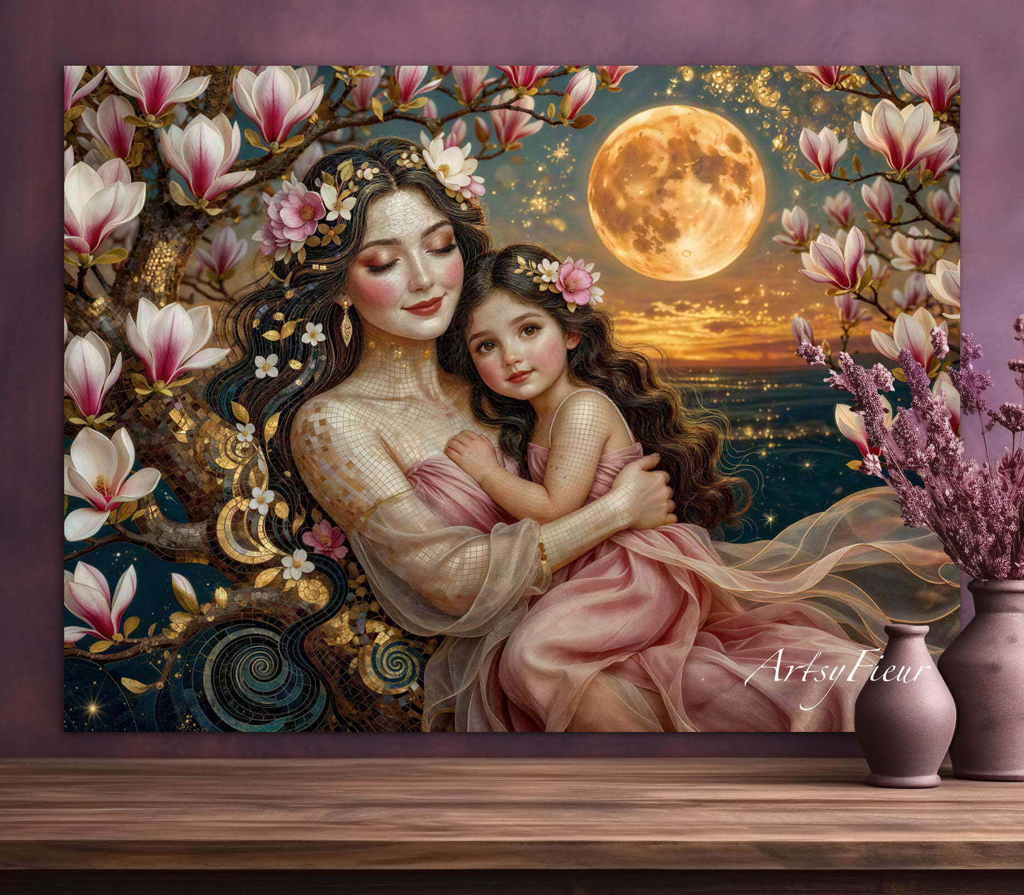 Framed Canvas- Vibrant Magnolia Flowers Mother and Daughter Portrait Original ArtworkFantasy Wall Art
