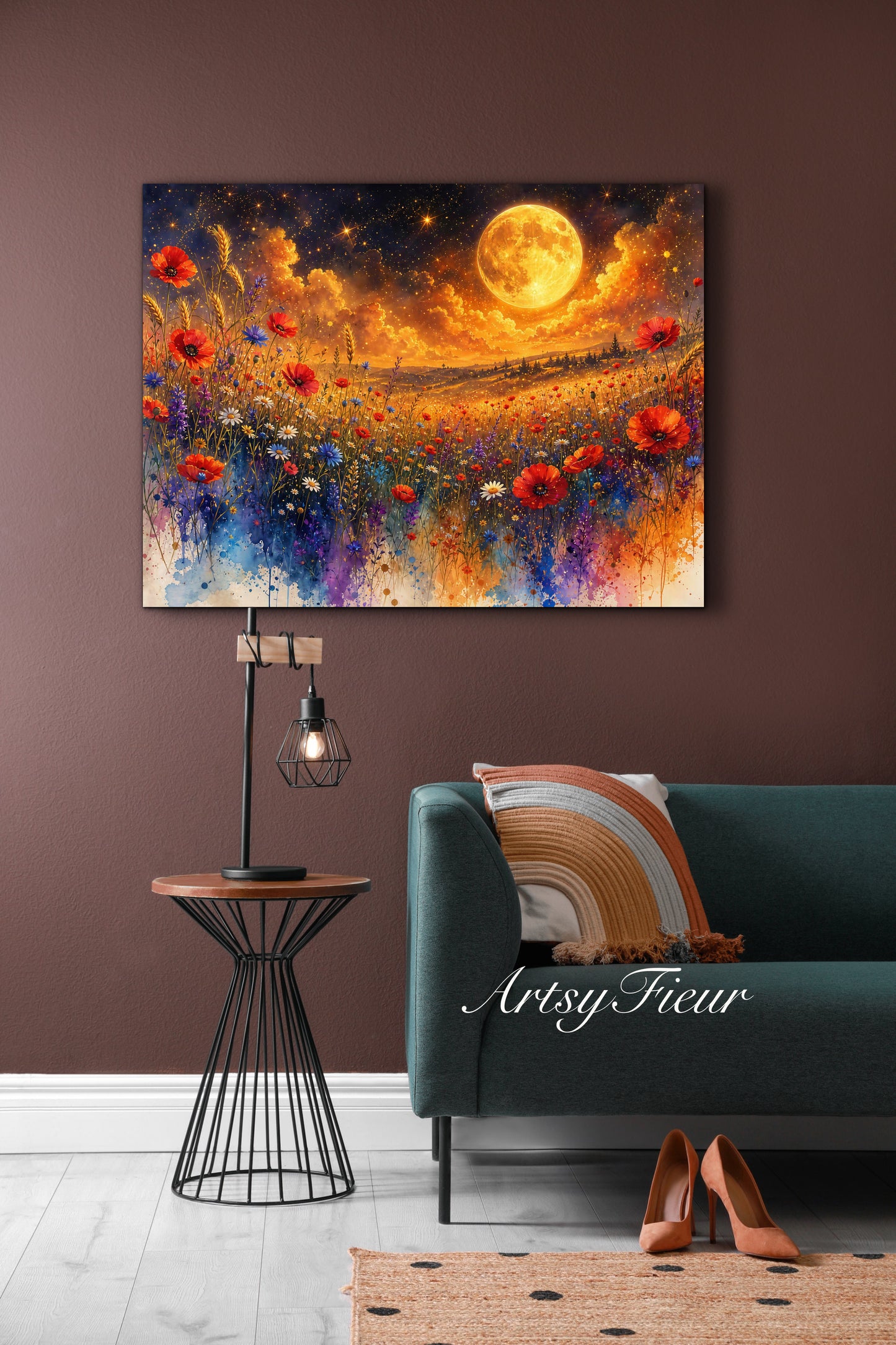 Framed Canvas Print- Vibrant Wildflowers and Poppies Oil Painting Textured Wall Art , Beautiful Original Artwork Ready to Hang Living Room, Floral
