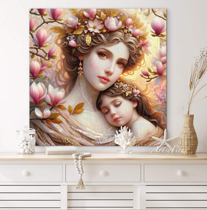 Framed canvas- ready to hang wall art print, abstract mother and daughter portrait Mosaic