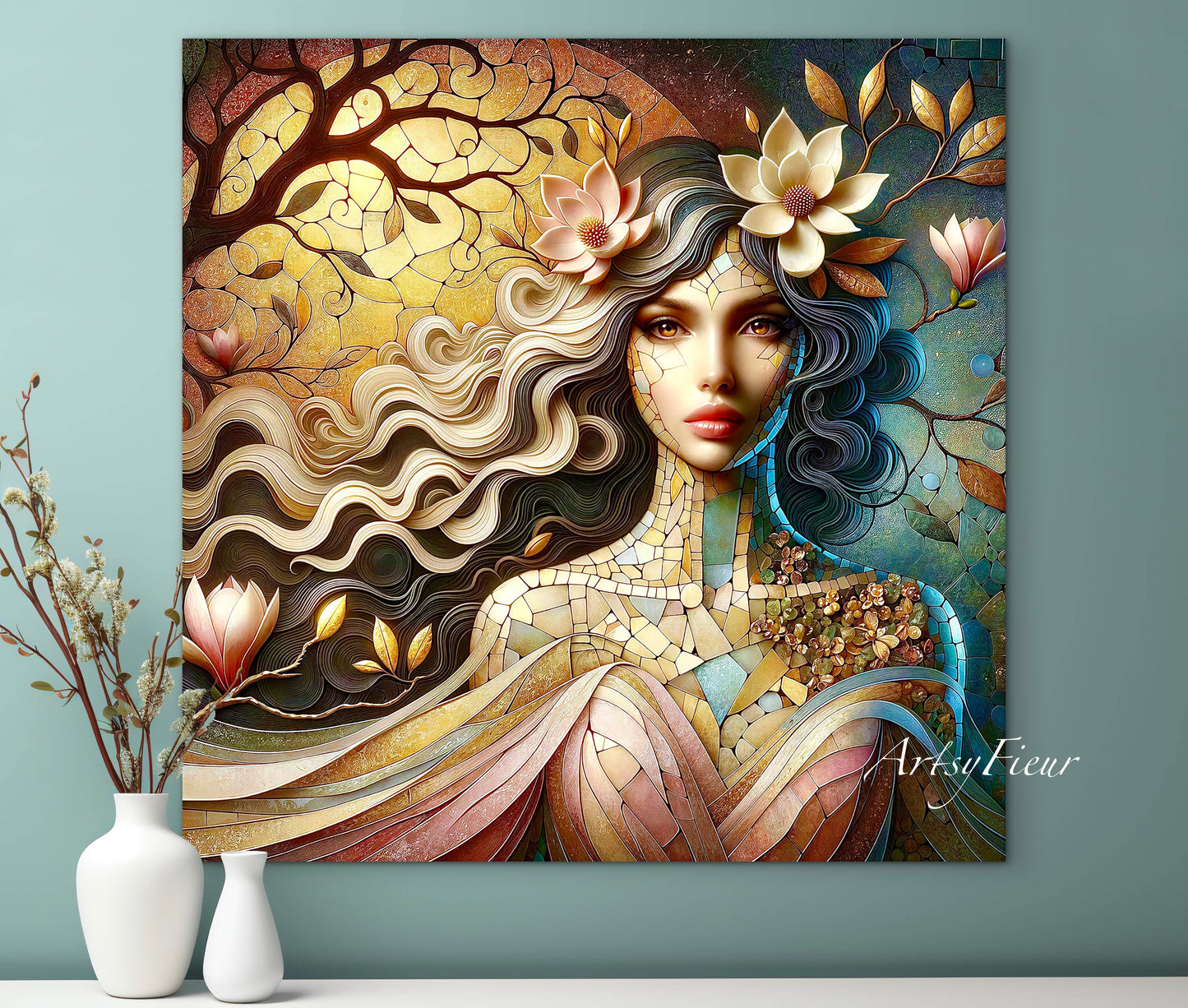 Framed canvas- Original Artwork Vibrant Magnolia Flowers Mosaic Portrait Beautiful Brunette Woman Wall Art Print