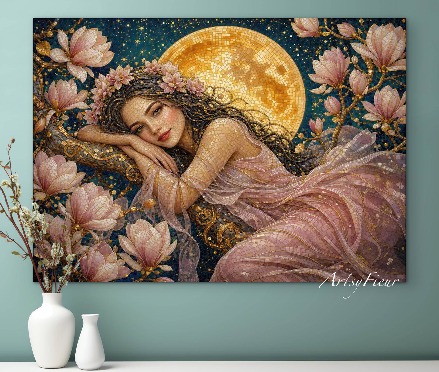 Framed Canvas- Vibrant Magnolia Flowers Beautiful Brunette Woman’s Abstract Portrait Mosaic Original Artwork Fantasy Wall Art Print