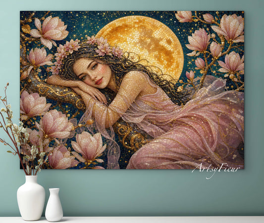 Framed Canvas- Vibrant Magnolia Flowers Beautiful Brunette Woman’s Abstract Portrait Mosaic Original Artwork Fantasy Wall Art Print