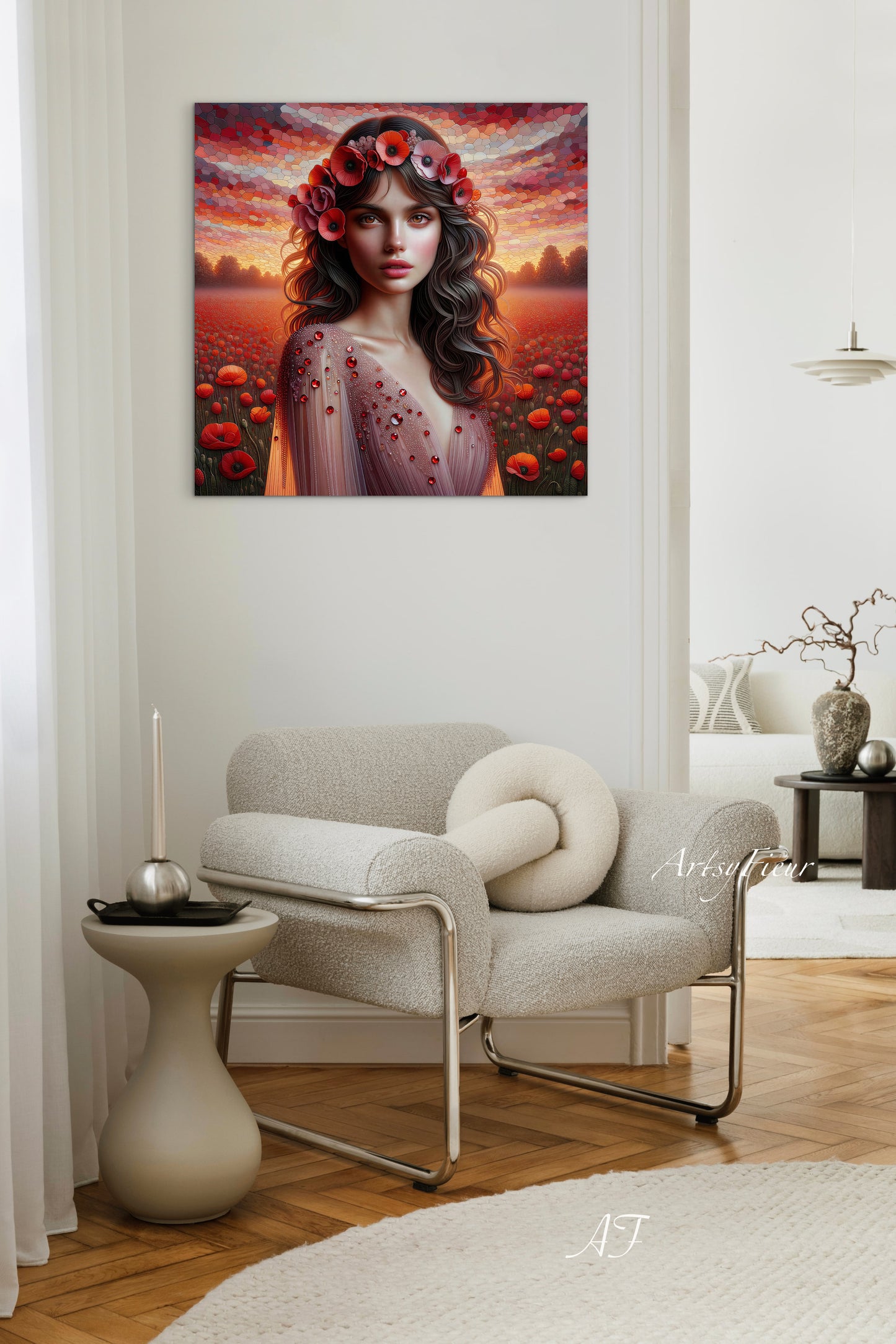 Framed canvas- Original Artwork Vibrant Poppies watercolour floral painting beautiful brunette woman ready to hang wall art print, abstract portrait