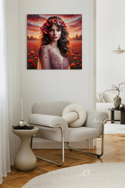 Framed canvas- Original Artwork Vibrant Poppies watercolour floral painting beautiful brunette woman ready to hang wall art print, abstract portrait