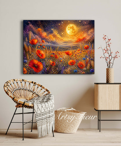 Framed Canvas Print- Vibrant Wildflowers and Poppies Oil Painting Textured Wall Art , Beautiful Original Artwork Ready to Hang Living Room, Floral