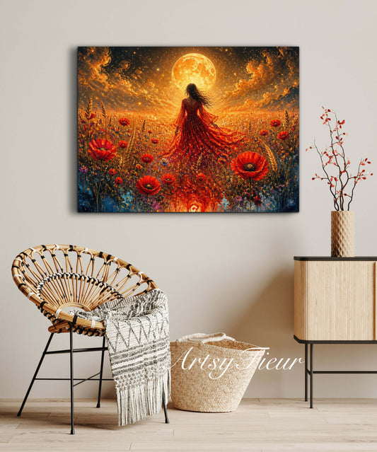 Framed Canvas - Vibrant poppies and wildflowers Whimsical Full Moon starry night sky Bride in Poppy Field, Wall Art Ready to hang original Artwork Print Red Dress