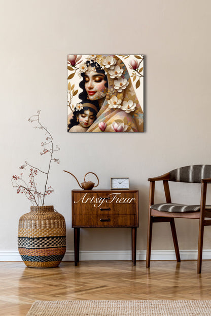 Framed canvas- ready to hang wall art print, abstract mother and daughter portrait Mosaic Magnolia Flowers Indian Beautiful Woman