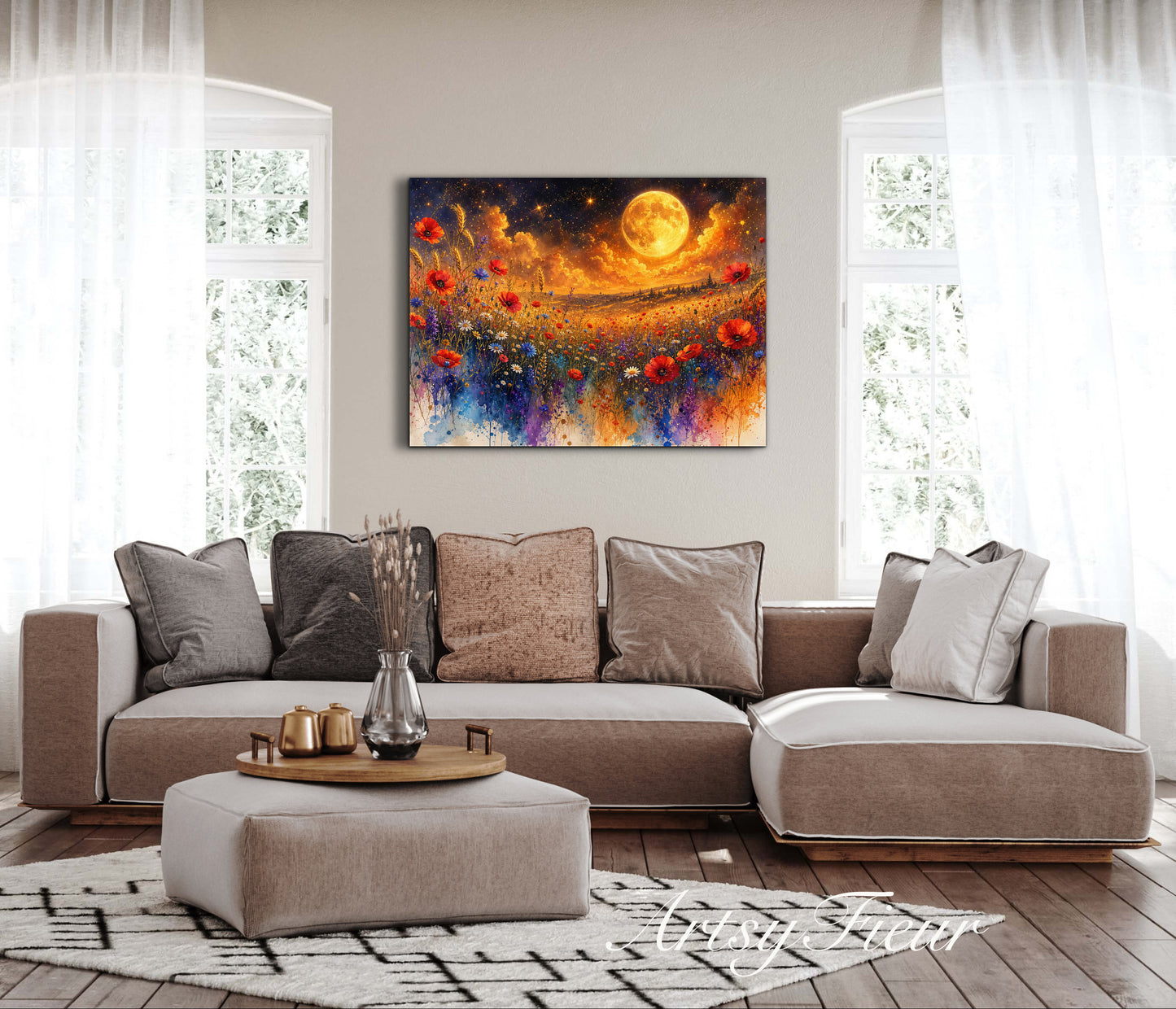 Framed Canvas Print- Vibrant Wildflowers and Poppies Oil Painting Textured Wall Art , Beautiful Original Artwork Ready to Hang Living Room, Floral