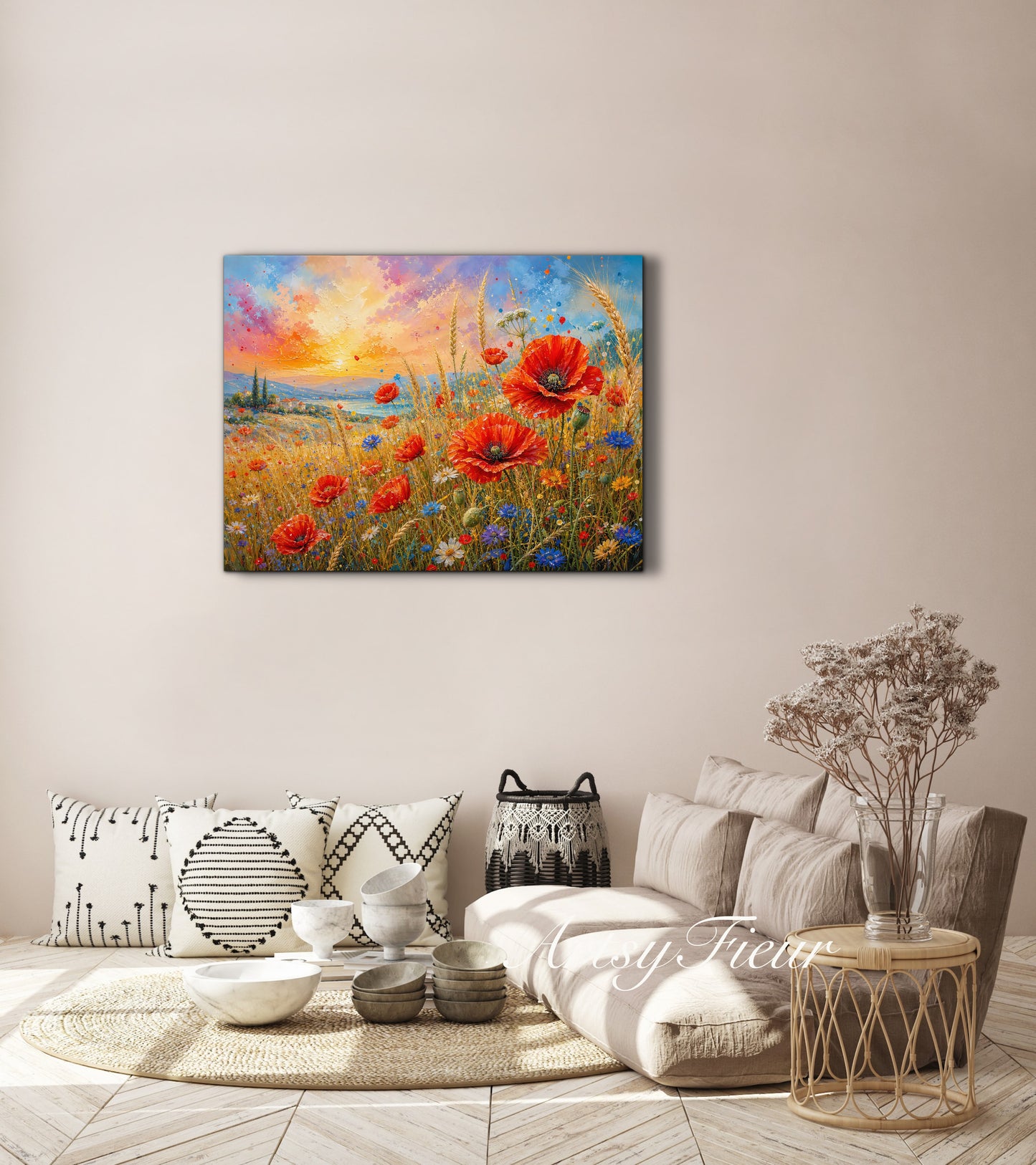 Framed Canvas Print- Vibrant Wildflowers and Poppies Oil Painting Textured Wall Art , Beautiful Original Artwork Ready to Hang Living Room, Floral