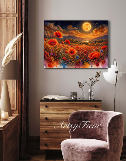 Framed Canvas Print- Vibrant Wildflowers and Poppies Oil Painting Textured Wall Art , Beautiful Original Artwork Ready to Hang Living Room, Floral
