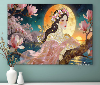 Framed Canvas- Vibrant Magnolia Flowers Beautiful Brunette Woman’s Abstract Portrait Mosaic Original Artwork Fantasy Wall Art Print