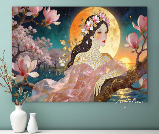 Framed Canvas- Vibrant Magnolia Flowers Beautiful Brunette Woman’s Abstract Portrait Mosaic Original Artwork Fantasy Wall Art Print