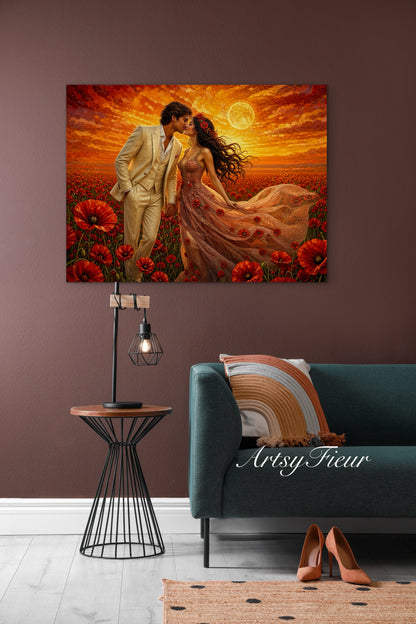 Framed canvas- whimsical full moon sunset bride and groom, wedding, poppy field, vibrant colours living room original artwork, fantasy oil painting wall art print