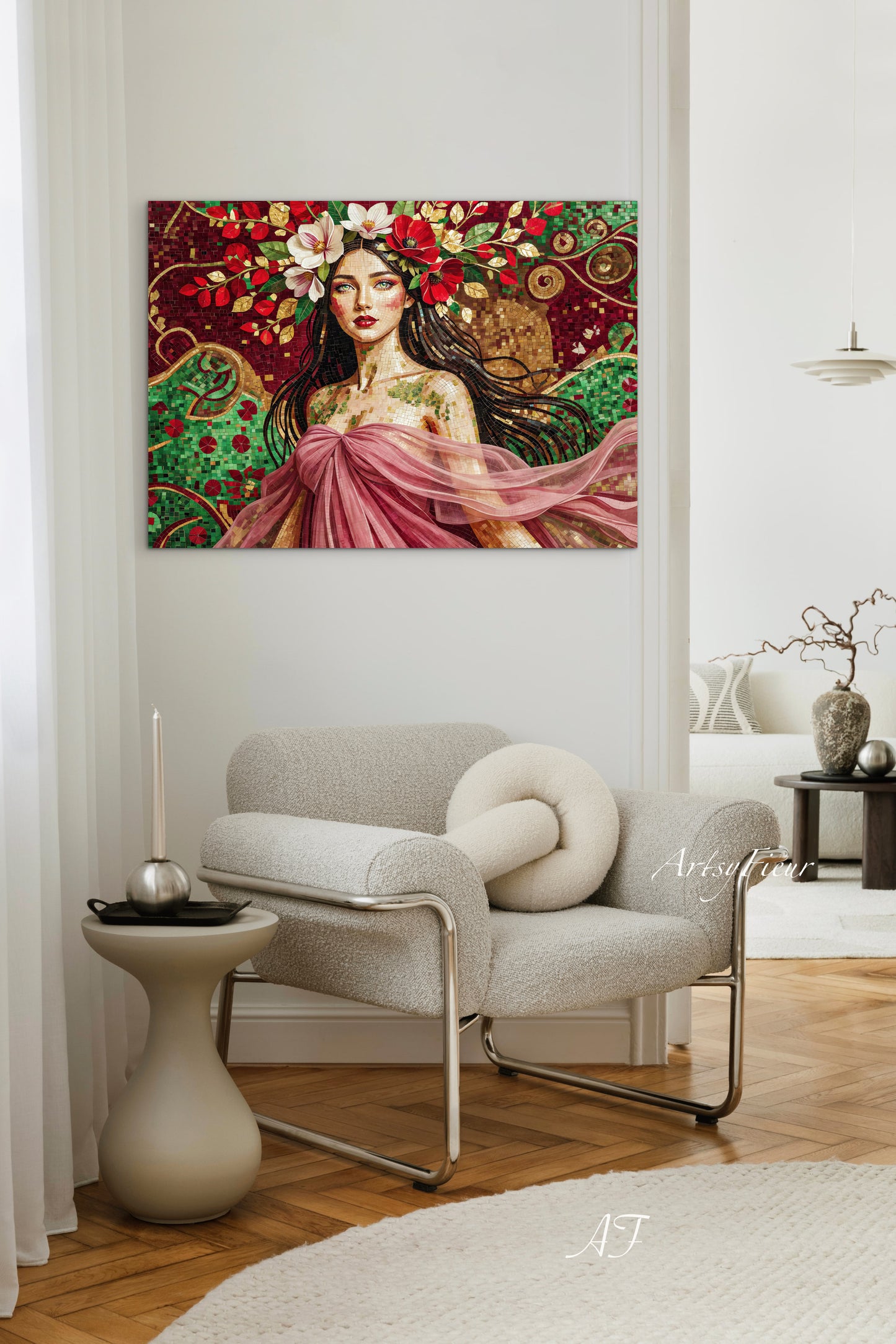Framed Canvas- Vibrant Magnolia Flowers Beautiful Brunette Woman’s Abstract Portrait Mosaic Original Artwork Fantasy Wall Art Print Mother Nature