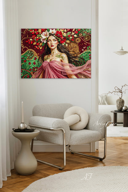 Framed Canvas- Vibrant Magnolia Flowers Beautiful Brunette Woman’s Abstract Portrait Mosaic Original Artwork Fantasy Wall Art Print Mother Nature