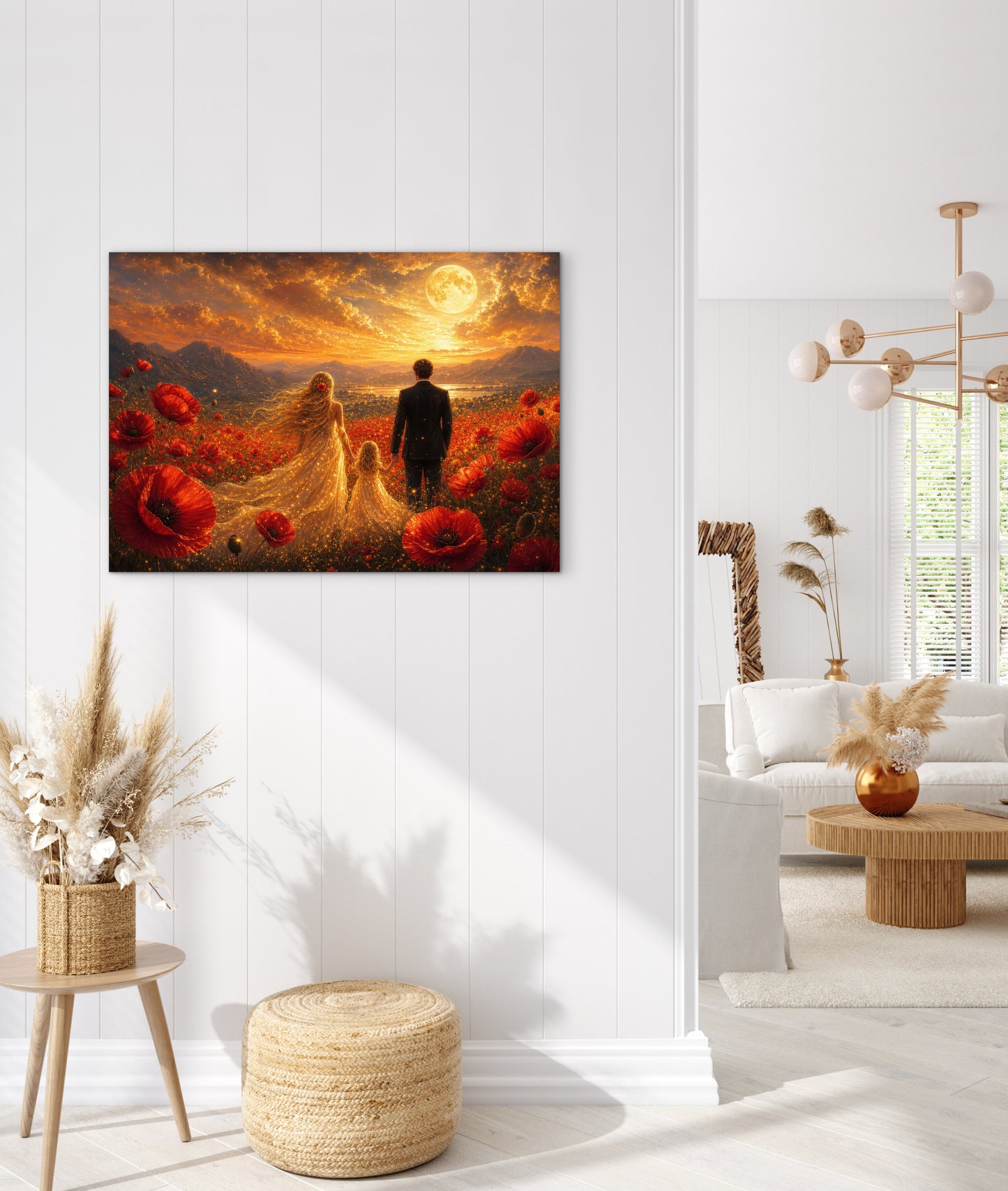 Framed Canvas Vibrant Poppies- Whimsical full moon fantasy oil painting Wedding celebration mother and daughter beautiful family portrait Original wall art print