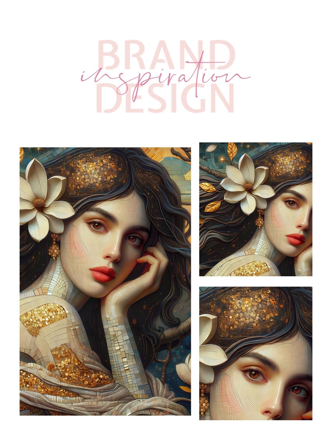 Framed Canvas- Vibrant Magnolia Flowers Beautiful Brunette Woman’s Abstract Portrait Mosaic Original Artwork Fantasy Wall Art Print