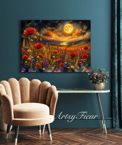 Framed Canvas Print- Vibrant Wildflowers and Poppies Oil Painting Textured Wall Art , Beautiful Original Artwork Ready to Hang Living Room, Floral