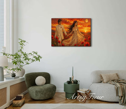 Framed canvas- whimsical full moon sunset -bride and groom, wedding, fantasy oil painting wall art print