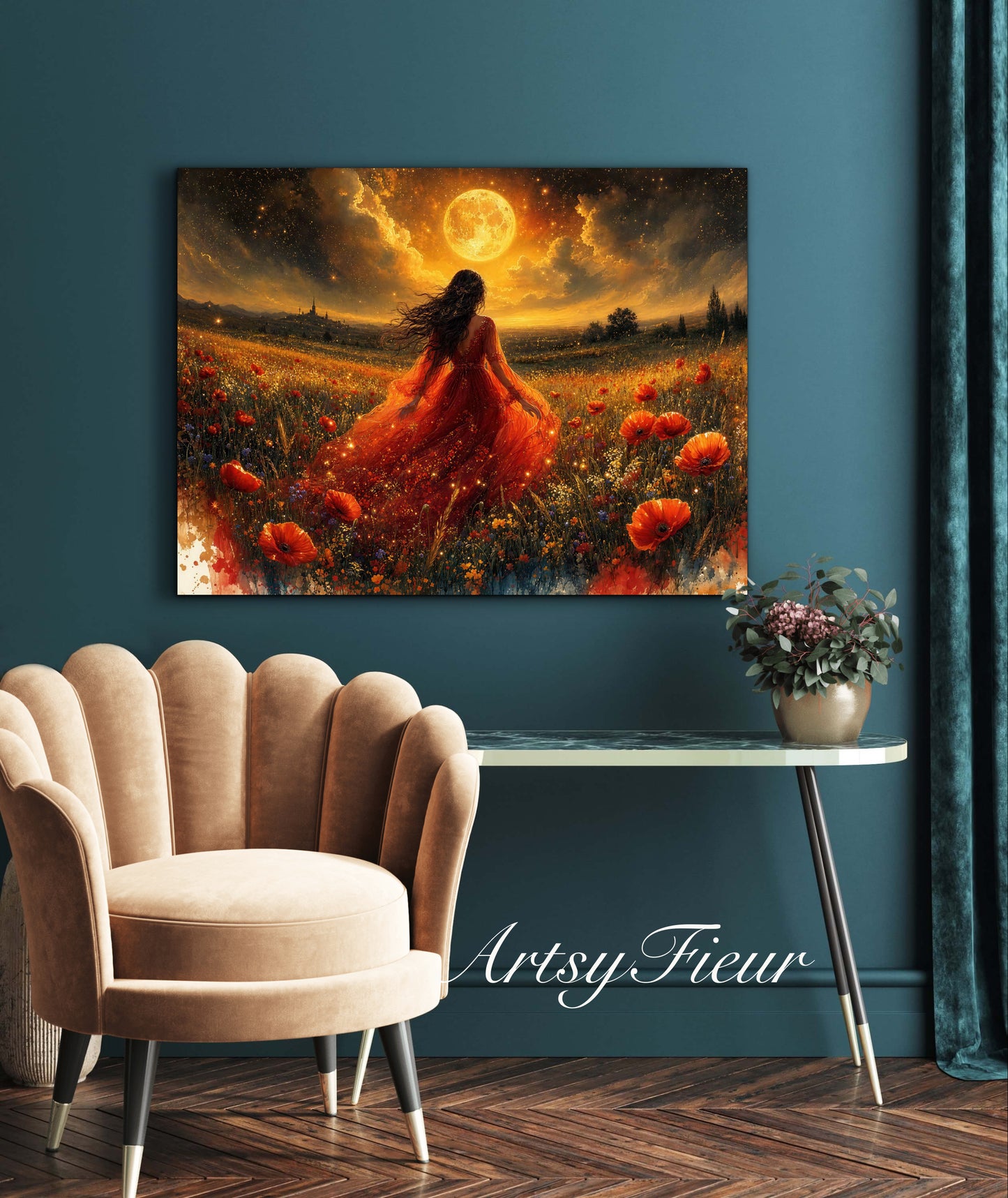 Framed Canvas - Vibrant poppies and wildflowers Whimsical Full Moon starry night sky Bride in Poppy Field, Wall Art Ready to hang original Artwork Print Red Dress