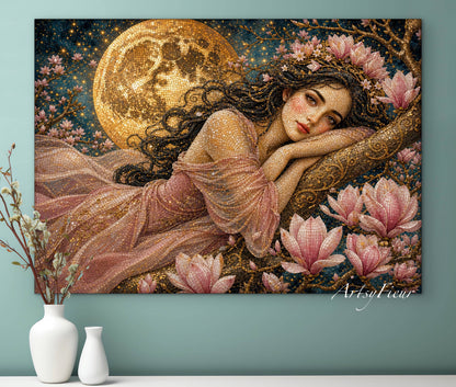 Framed Canvas- Vibrant Magnolia Flowers Beautiful Brunette Woman’s Abstract Portrait Mosaic Original Artwork Fantasy Wall Art Print