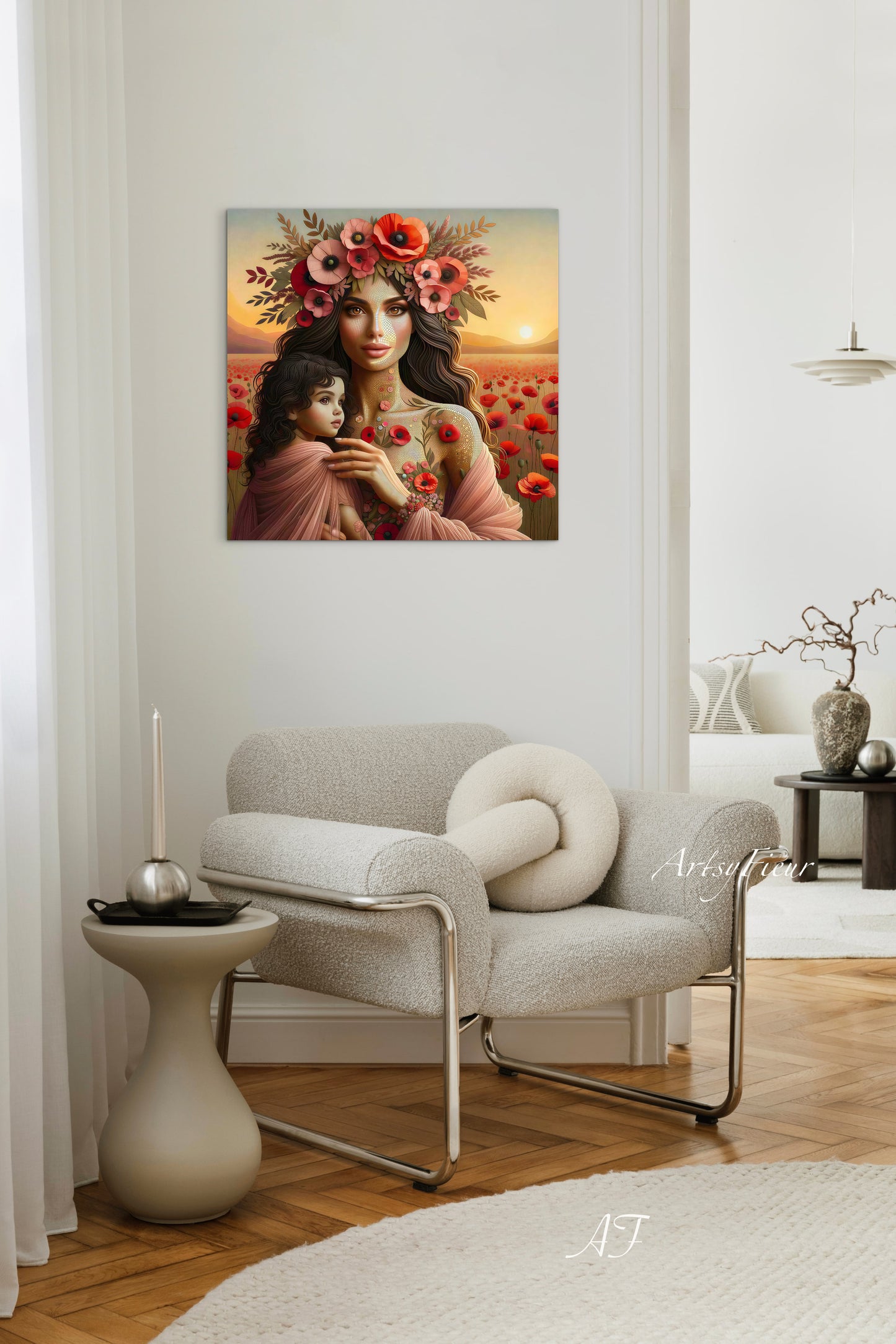Framed Canvas- Vibrant Poppies Mother and Daughter Portrait Whimsical Full Moon Sunset Fantasy Oil Painting Wall Art Print