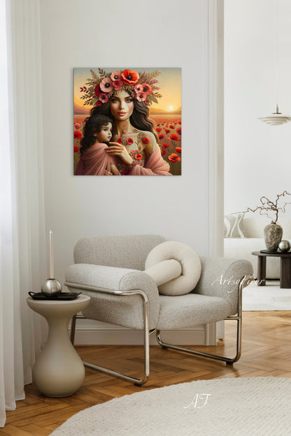 Framed Canvas- Vibrant Poppies Mother and Daughter Portrait Whimsical Full Moon Sunset Fantasy Oil Painting Wall Art Print