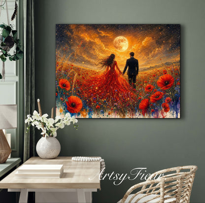Framed canvas- whimsical full moon sunset -bride and groom, wedding gift, fantasy oil painting bedroom wall art print floral poppies field colourful vibrant colours