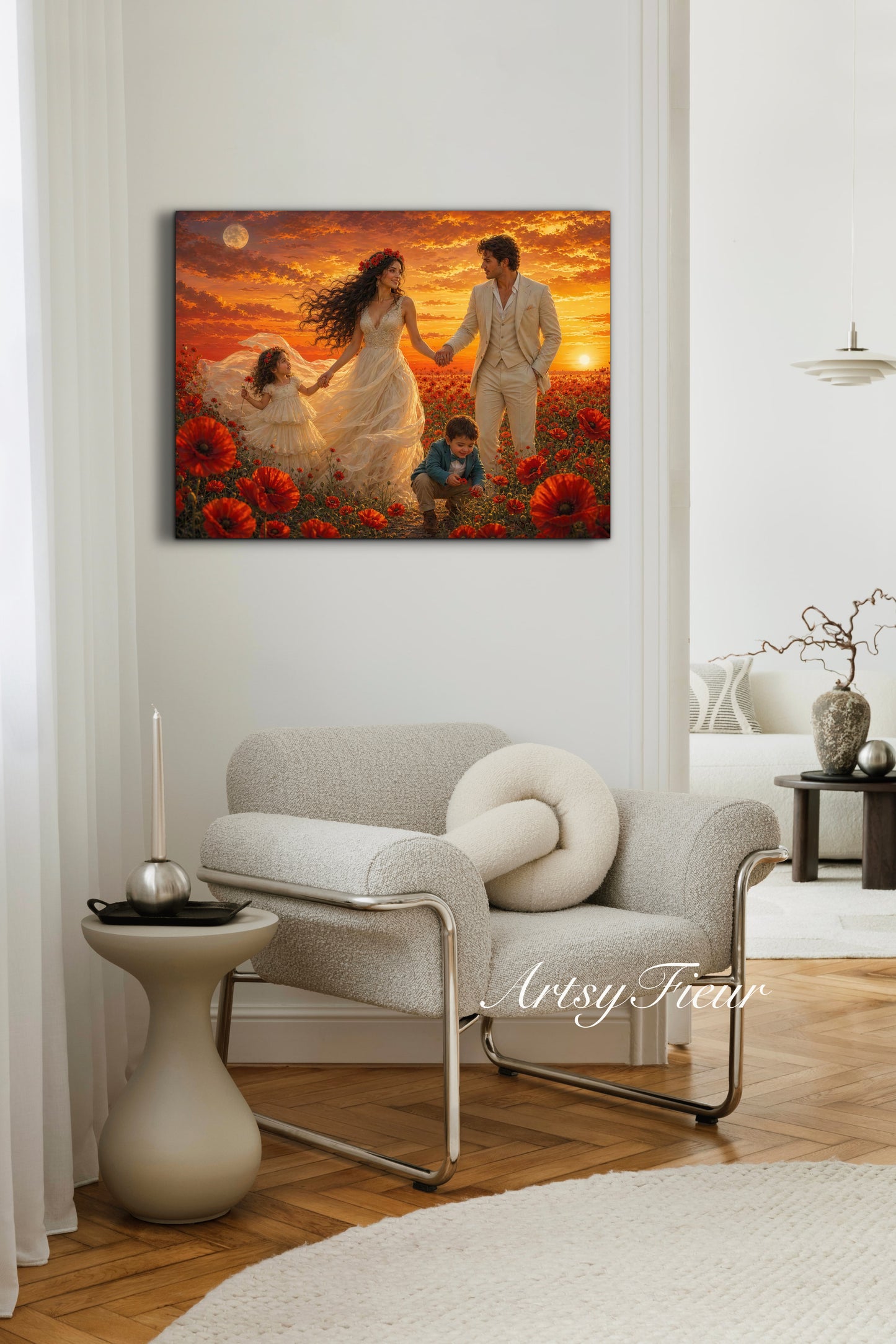 Framed Canvas- Vibrant Poppies Field Bride Groom Mother Daughter and Baby boy Portrait Whimsical Full Moon Sunset Fantasy Oil Painting Wall Art Print