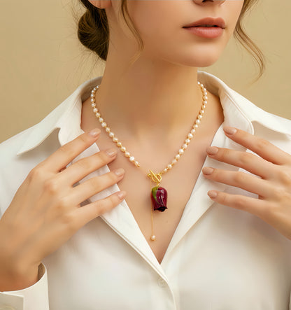 *REAL FLOWER Red Rose Necklace Preserved Flower in Resin Pink Freshwater Cultured Pearls Front Round Closure Hypoallergenic
