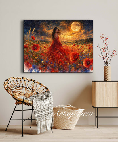Framed Canvas - Vibrant poppies and wildflowers Whimsical Full Moon starry night sky Bride in Poppy Field, Wall Art Ready to hang original Artwork Print Red Dress