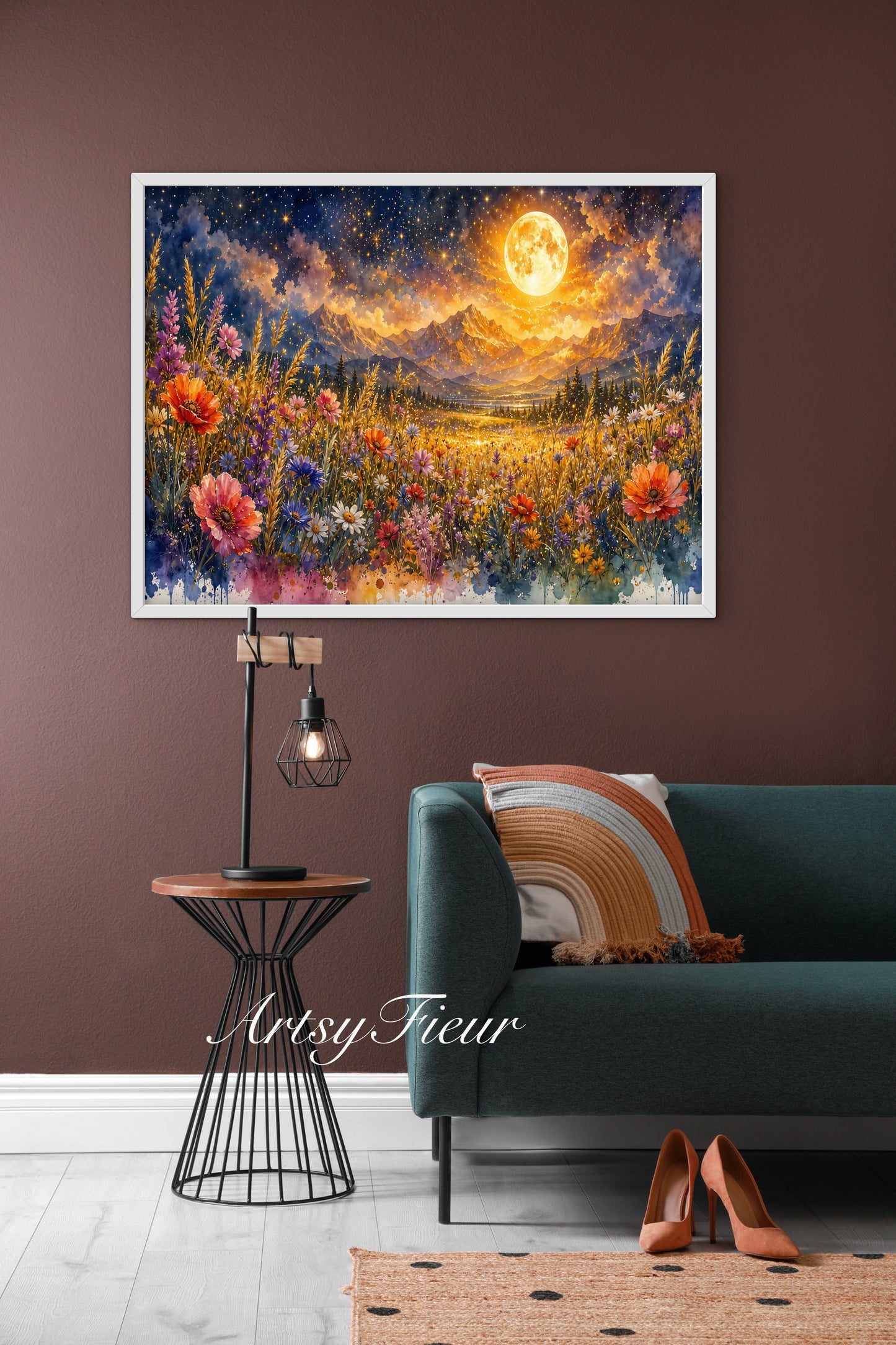 Framed canvas- vibrant full moon starry night sky colourful wildflowers floral wall art living room