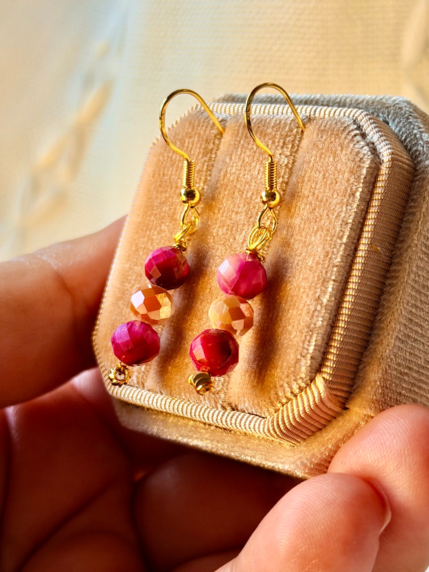 Natural Pink Tigers Eye Earrings Minimalist Crystal Gemstone Earrings Dangle Drop Hypoallergenic