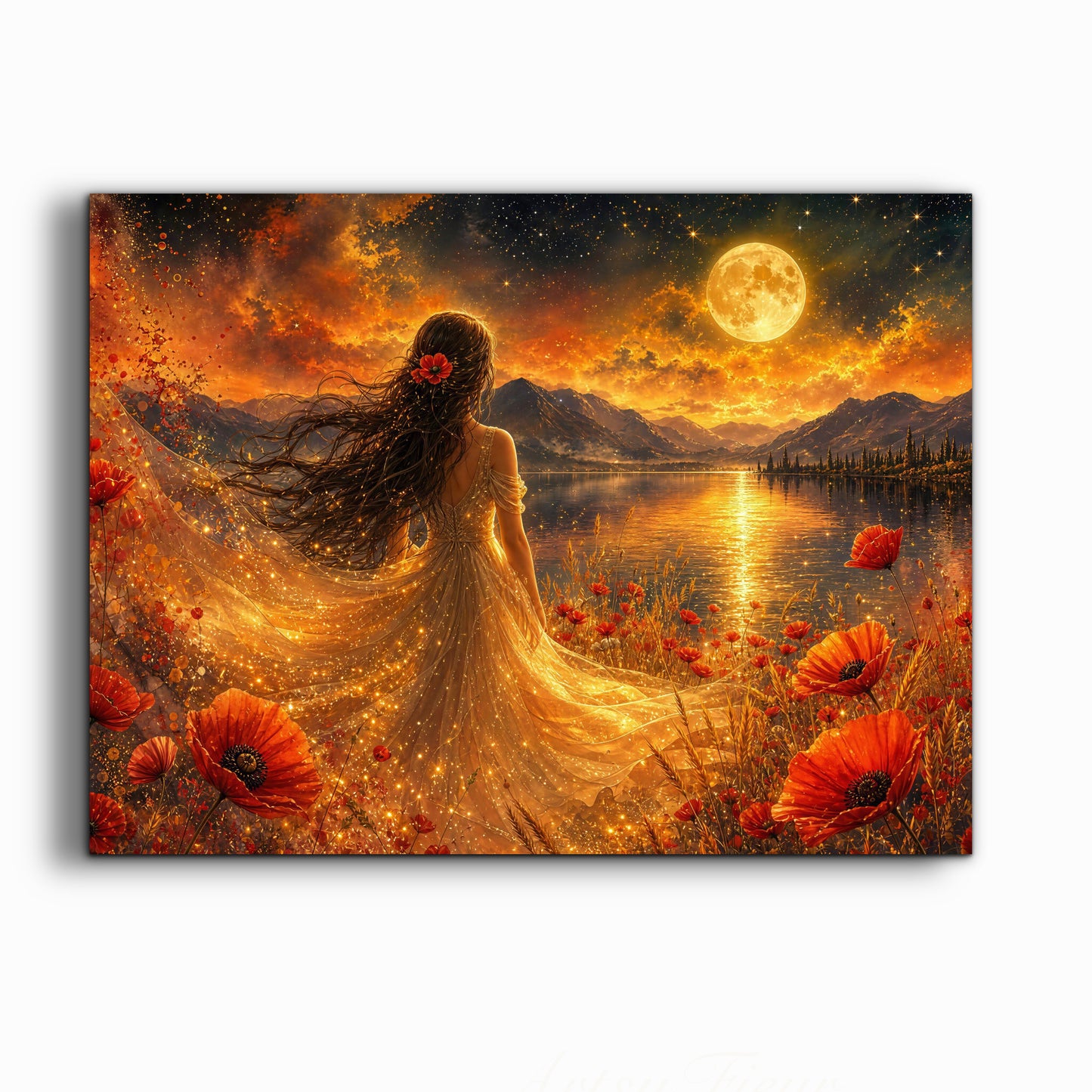 Framed Canvas - Vibrant poppies and wildflowers Whimsical Full Moon starry night sky Bride -Lady by the lake Wall Art Ready to hang original Artwork Print