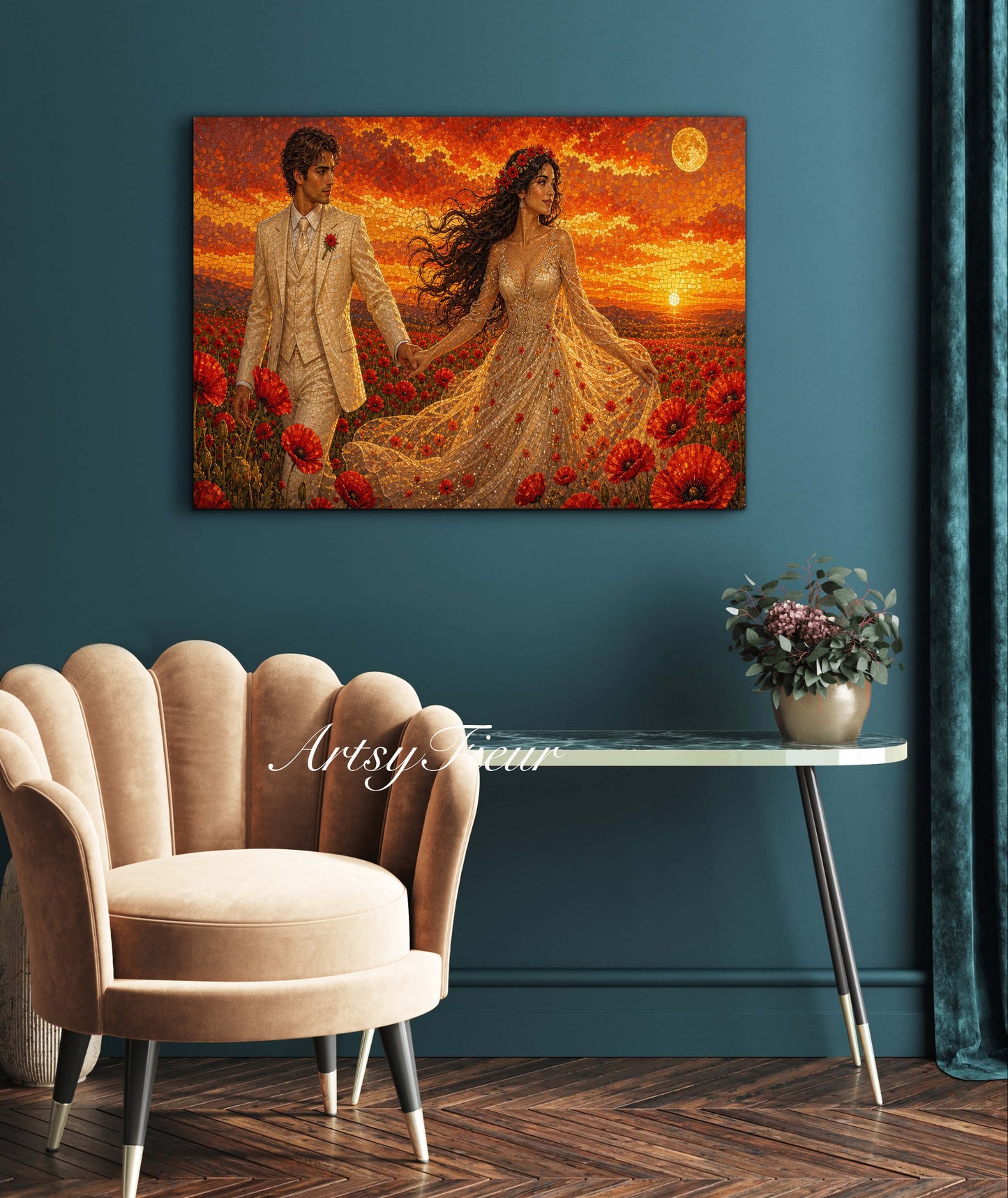 Framed canvas- whimsical full moon sunset -bride and groom, wedding, fantasy oil painting wall art print