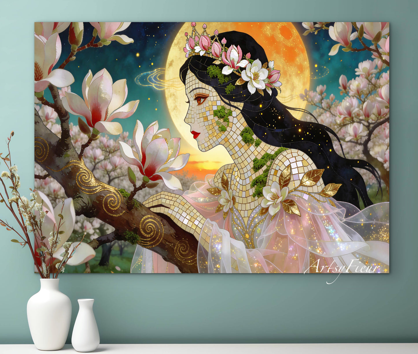 Framed Canvas- Vibrant Magnolia Flowers Beautiful Brunette Woman’s Abstract Portrait Mosaic Original Artwork Fantasy Wall Art Print Mother Nature