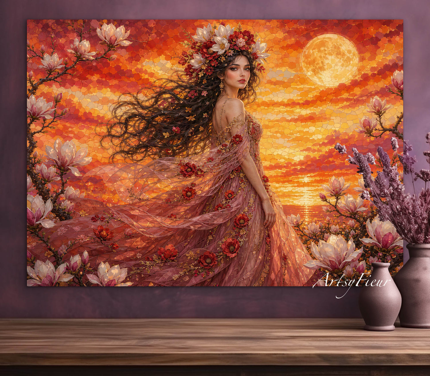 Framed Canvas- Vibrant Magnolia Flowers Beautiful Brunette Woman’s Abstract Portrait Mosaic Original Artwork Fantasy Wall Art Print